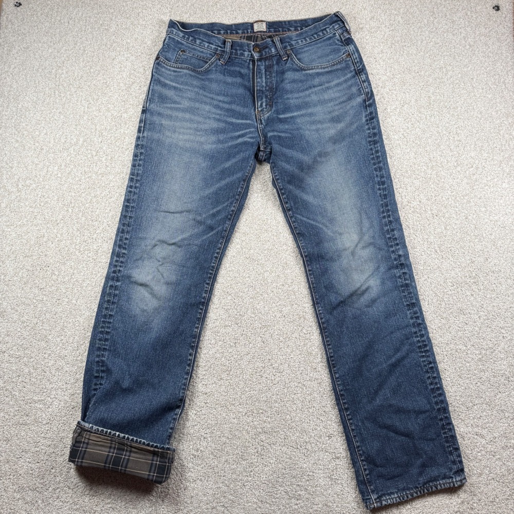J.Crew Jeans Mens 34x34 Blue Flannel Lined Plaid Straight Leg Denim 00990